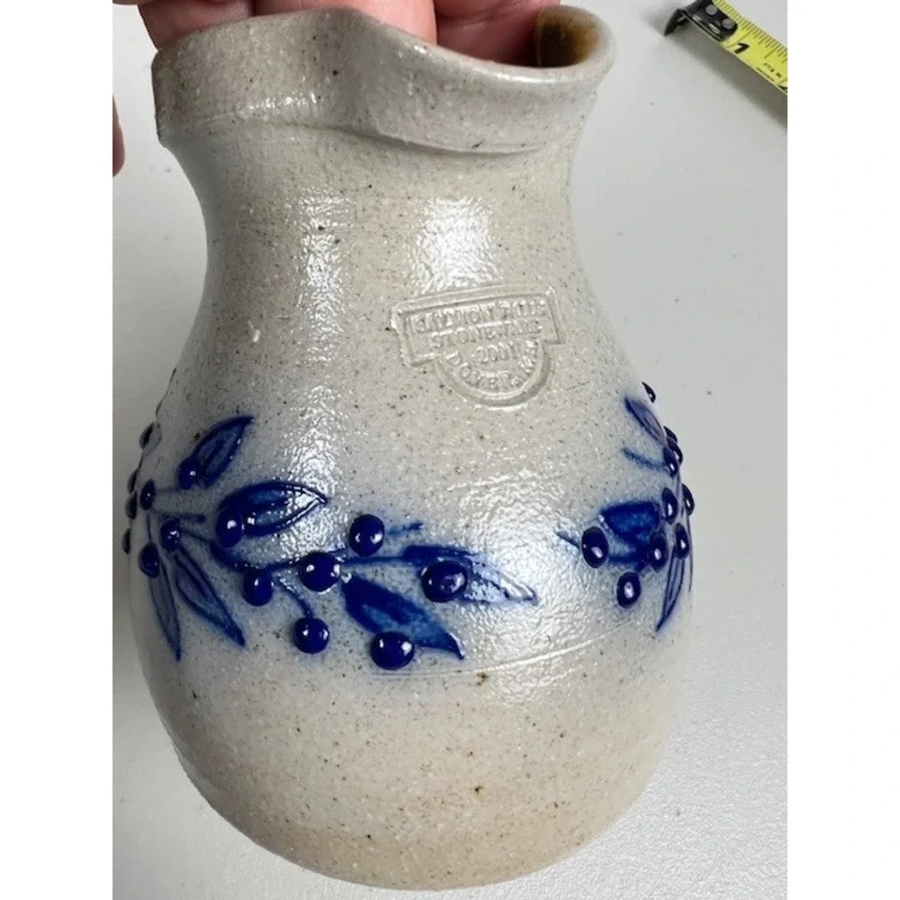 Salmon Falls Stoneware 2001 Small Pitcher Creamer Blue Berry Vine Salt Glazed NH